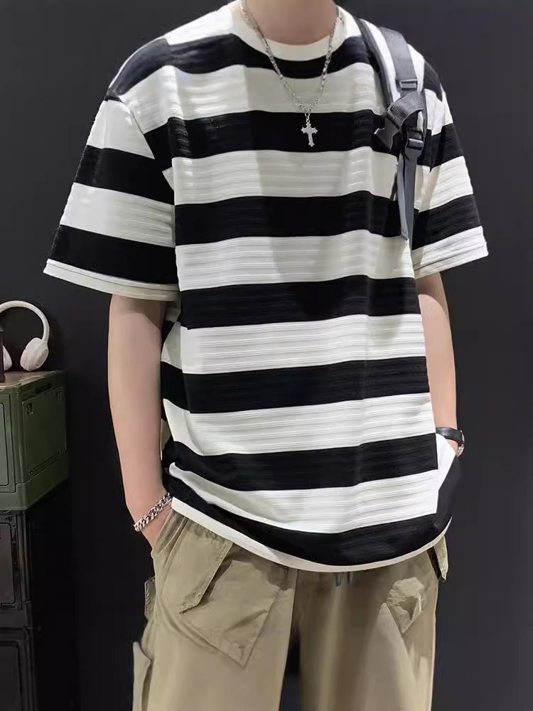 Japanese Style Retro Black And White Striped Short-Sleeved Men'S Summer Fashionable Brand Loose Pure Cotton Heavy-Weight T-Shirt Style For Boys - Image 4