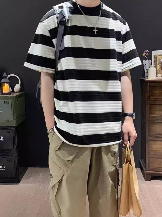 Japanese Style Retro Black And White Striped Short-Sleeved Men'S Summer Fashionable Brand Loose Pure Cotton Heavy-Weight T-Shirt Style For Boys - Image 2