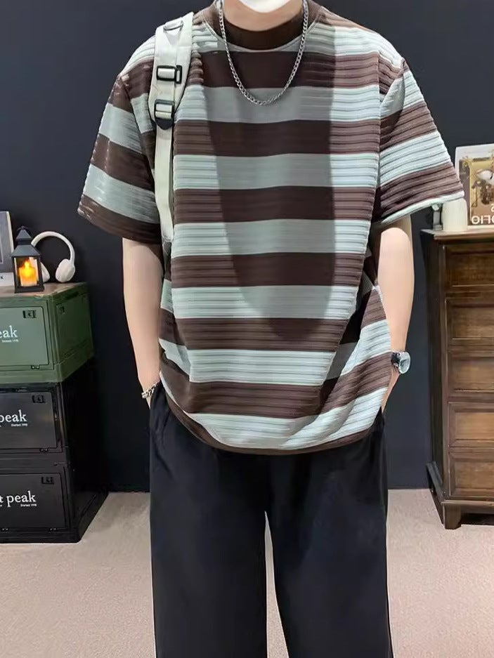 Japanese Style Retro Black And White Striped Short-Sleeved Men'S Summer Fashionable Brand Loose Pure Cotton Heavy-Weight T-Shirt Style For Boys - Image 3