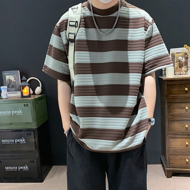 Japanese Style Retro Black And White Striped Short-Sleeved Men'S Summer Fashionable Brand Loose Pure Cotton Heavy-Weight T-Shirt Style For Boys - Image 1