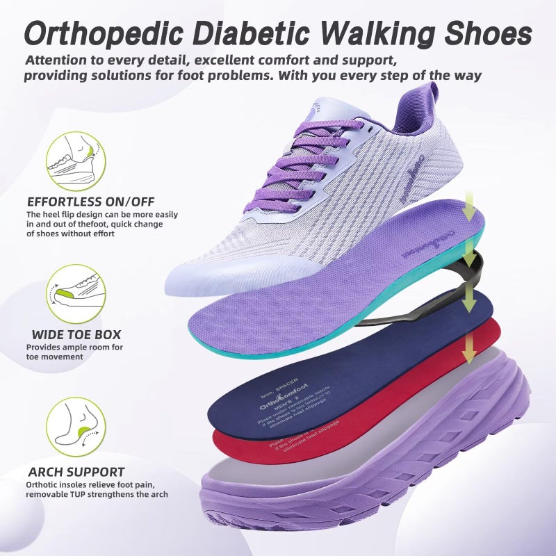 OrthoComfoot Women's Orthopedic Diabetic Wide Sneakers: Comfort Bunions Plantar Fasciitis Sports Working Sneakers, Adjustable Fashion Swollen Arch Support Hammer Toes Tennis Shoes Purple Size 8 - Image 3