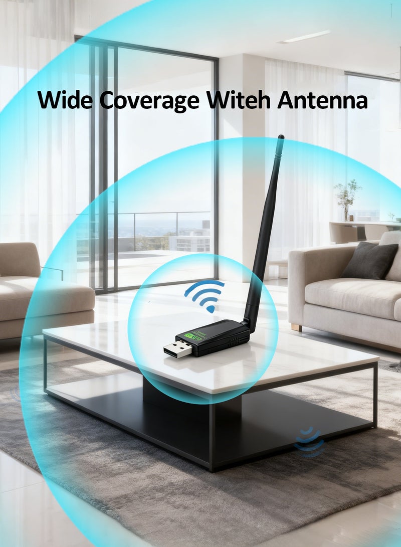 دراكلاو محول واي فاي USB للكمبيوتر الشخصي - محول شبكة لاسلكية لأجهزة الكمبيوتر المكتبية، محول بلوتوث USB بعيد المدى بترددات 2.4 جيجاهرتز و 5.8 جيجاهرتز مع هوائي مزدوج النطاق عالي الكسب 5dBi، يدعم أنظمة التشغيل ويندوز 11/10/7، لون أسود. - Image 2