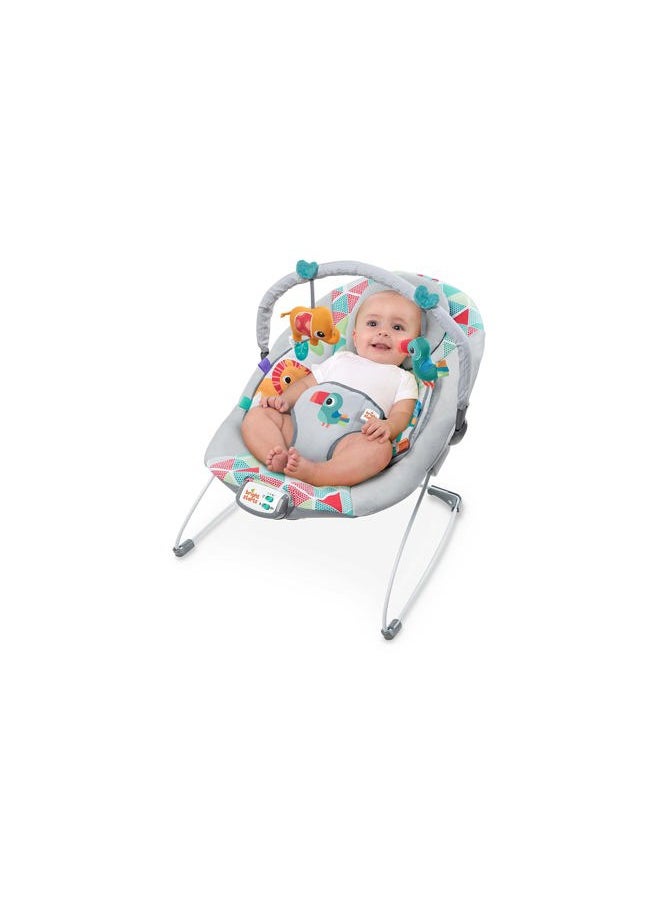 Bright Starts - Baby Bouncer Soothing Vibrations Infant Seat - Taggies, Music, Removable -Toy Bar, 0-6 Months Up to 20 lbs (Toucan Tango) - Image 1