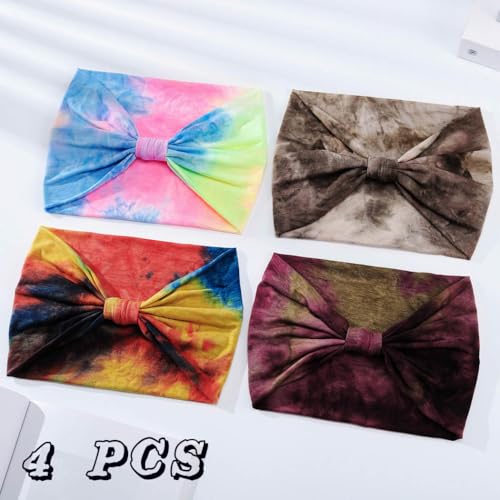 Aceorna Wide Headbands Stretch Turban Knotted Hairbands Elastic Yoga Workout Sweatband Running Sport Head Scarf Large African Head Wraps for Women 4 Pcs (Set E) - Image 2