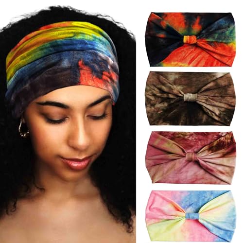 Aceorna Wide Headbands Stretch Turban Knotted Hairbands Elastic Yoga Workout Sweatband Running Sport Head Scarf Large African Head Wraps for Women 4 Pcs (Set E) - Image 1
