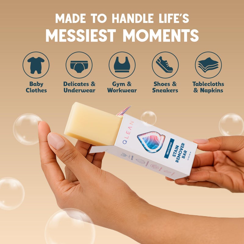 QLEAN Vegan Stain Remover Bar for Fabrics, Laundry Bar Soap for Clothes - Plant-Based, Travel-Friendly Stain Remover for Grease, Wine, Coffee, Grass & More - Non-Toxic & Safe for Delicates (1) - Image 3