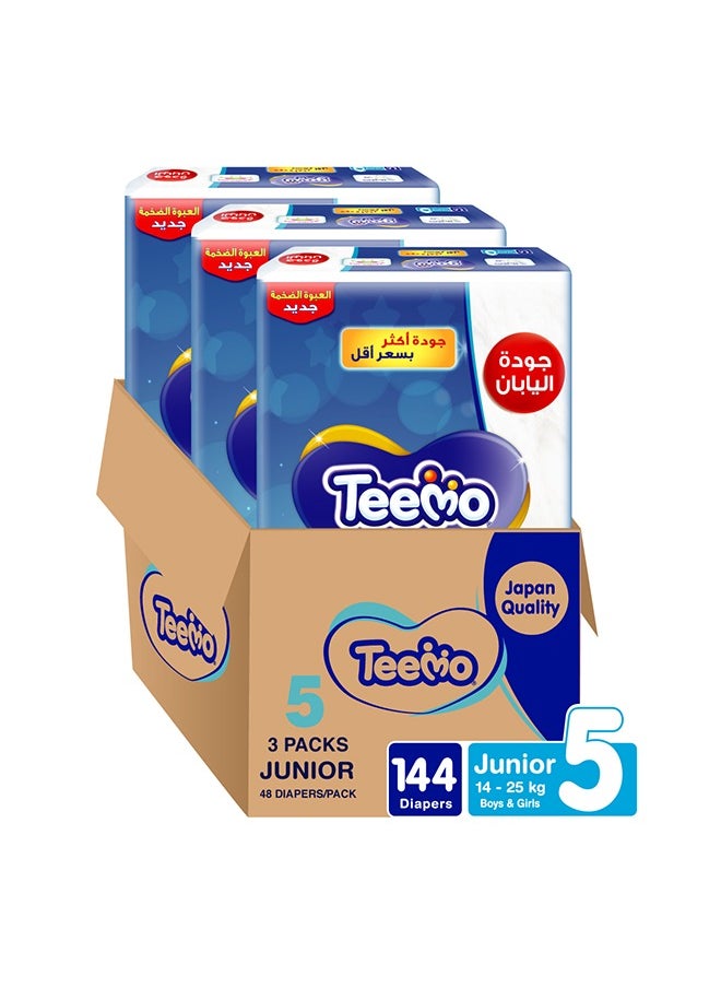 Teemo Compressed Diamond Pad, Size 5 Junior, 14 To 25 Kg, Mega Pack 3 x 48 Diapers  - Image 1