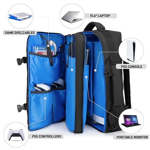 PGmoon Travel Backpack Compatible with PS5/PS5 Slim/PS5 Pro Console, Protective Carrying Case Bag for Controllers, 15.6’’ Laptop, Game Discs (Patent Design) - Image 2