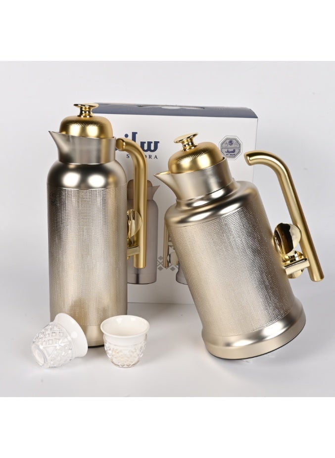 Alsaif Sandra Thermos Set, 2 Pieces, 1 Liter Each, Matte Silver with Gold Accents - Image 1