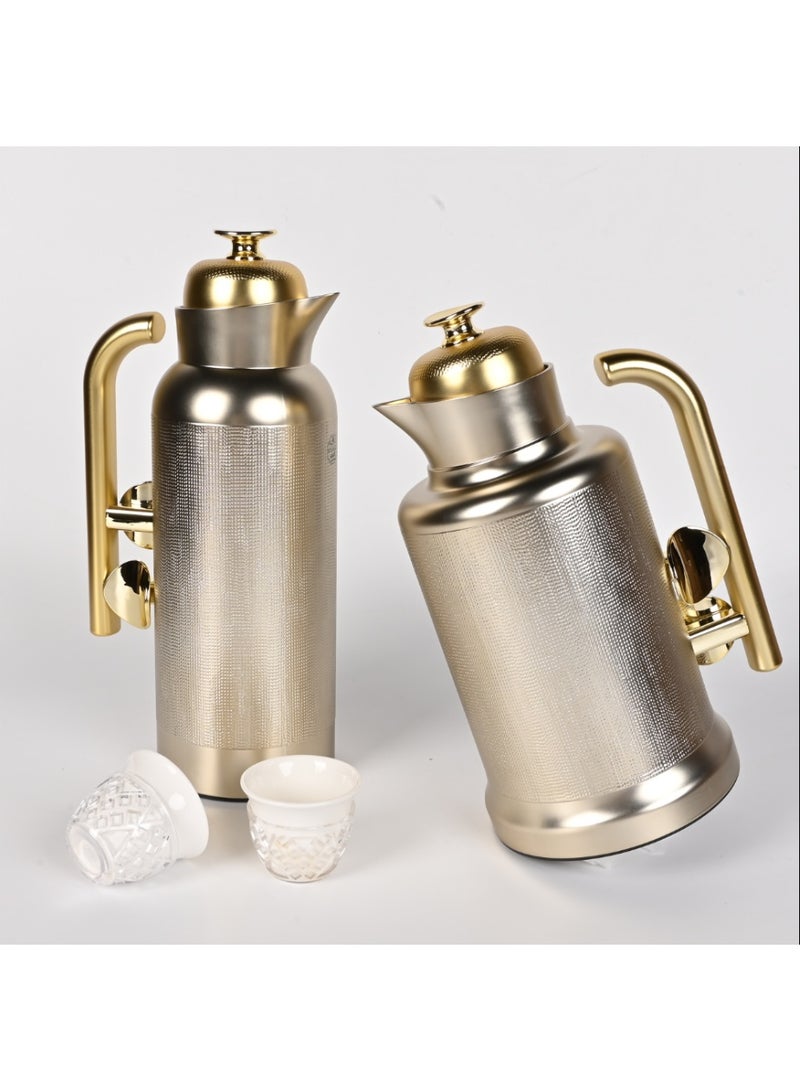 Alsaif Sandra Thermos Set, 2 Pieces, 1 Liter Each, Matte Silver with Gold Accents - Image 3