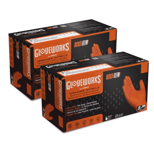 GLOVEWORKS HD Orange XXL Nitrile Gloves, 8 mil Nitrile Disposable Gloves with Raised Diamond Texture, 2 Boxes of 100 Gloves - Image 1