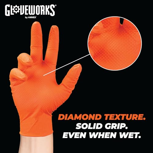 GLOVEWORKS HD Orange XXL Nitrile Gloves, 8 mil Nitrile Disposable Gloves with Raised Diamond Texture, 2 Boxes of 100 Gloves - Image 4