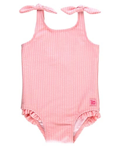 RuffleButts Girls UPF50+ Sun Protection Tie Shoulder/Cross Back One Piece Swimsuit - Pink Seersucker, 3T - Image 3