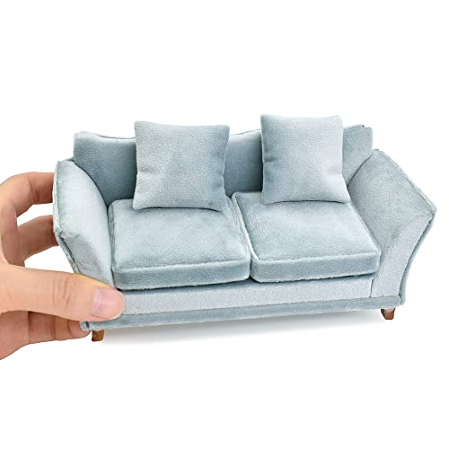 iLAND Dollhouse Couch Modern Dollhouse Furniture on 112 Scale Miniature Sofa for Dollhouse Living Room Light Sky Blue Velvet - Image 1