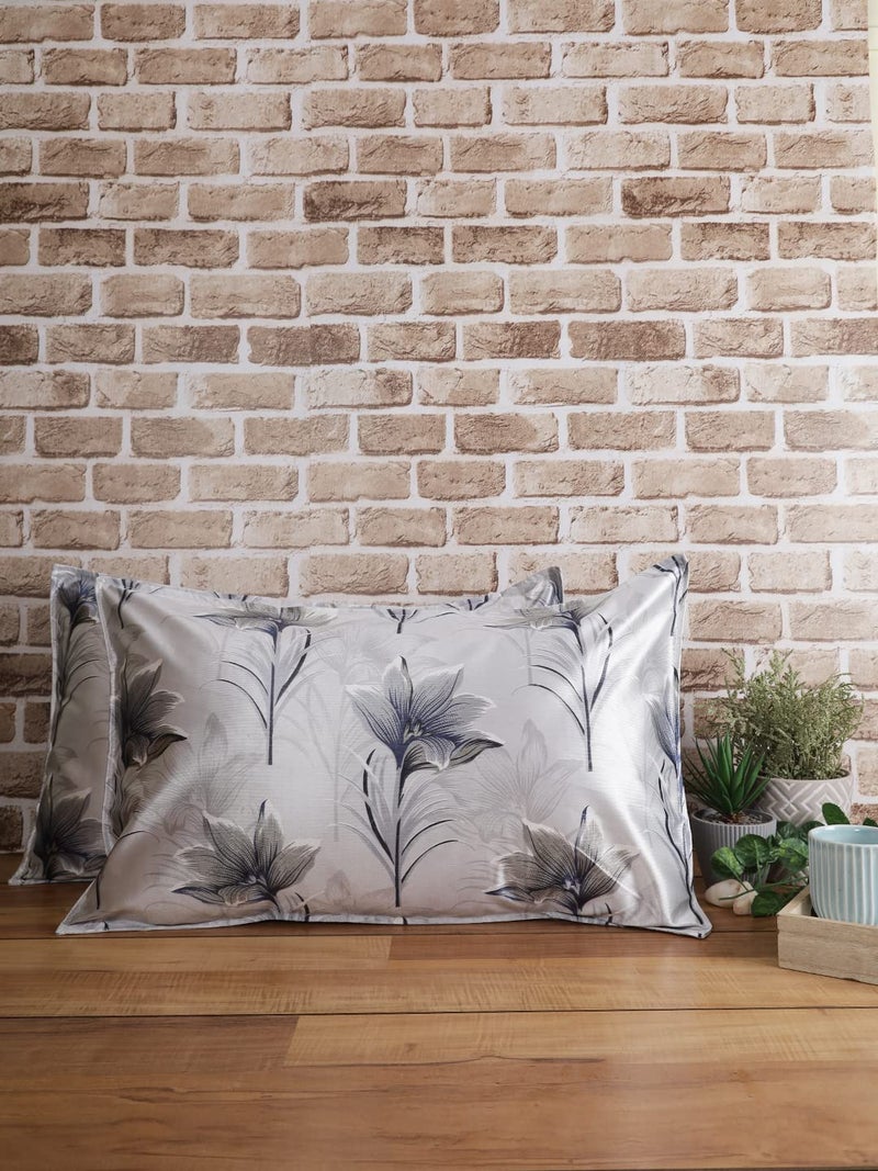 The Conversion Set of 2 Premium Mix-Blended Fabric, Pure Mercerized Satin Finish Floral Design Grey Color, 2 pc Pillow Cover - 17"x27" - Image 1