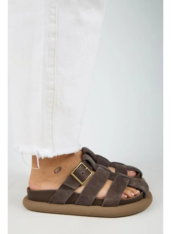Manijero  Brancato Women's Real Leather Buckle Strap Sandal Coffee Slippers. for Women | Best Price UAE