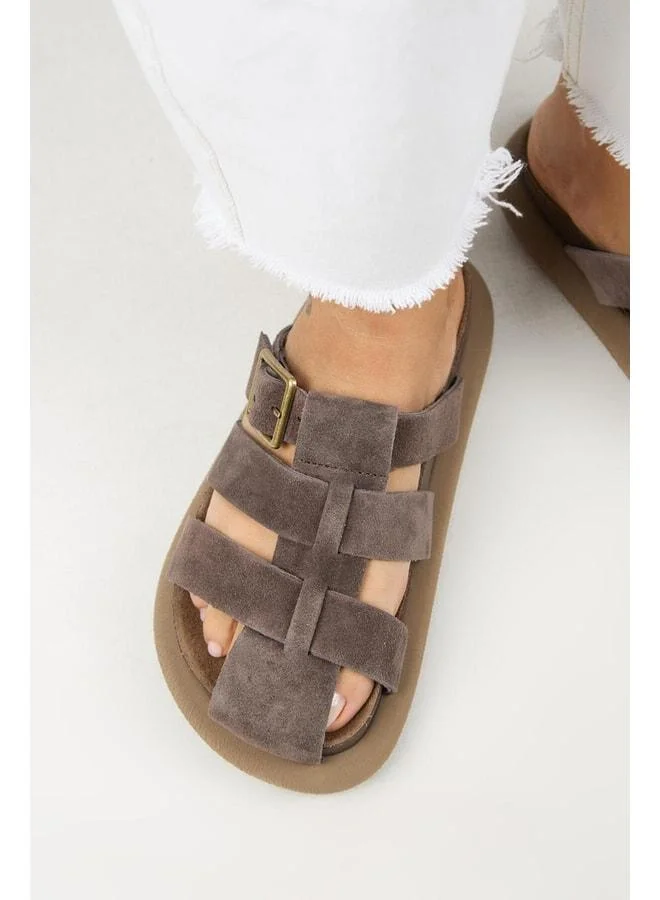 Brancato Women's Real Leather Buckle Strap Sandal Coffee Slippers.