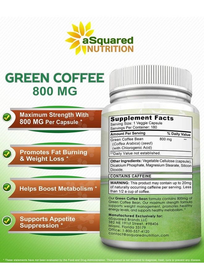 aSquared Nutrition - Natural Green Coffee Bean Formula 180 Capsules Max Strength Gca Antioxidant Cleanse For Pure Weight Loss 800Mg Per Pill With Chlorogenic Acid 1600Mg Daily Supplement Healthy Fat Burner - Image 1