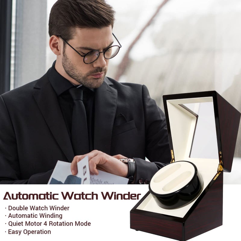Uten Automatic Watch Winder Box Luxury Wooden Watch Storage Case, Double Watch Winder with Quiet Motor 4 Rotation Mode for Father's Day Gift for Him, Birthday Gift. Red - Image 2