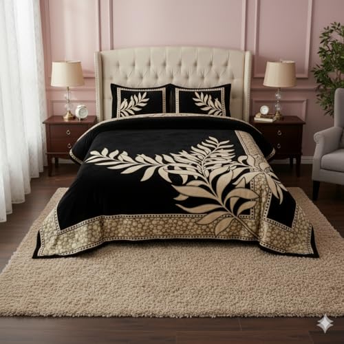 FRESH FROM LOOM Floral 500 TC Chenille Double Bedsheet Cum Bed Spread with 2 Pillow Cover-King Size; Black - Image 1