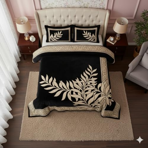 FRESH FROM LOOM Floral 500 TC Chenille Double Bedsheet Cum Bed Spread with 2 Pillow Cover-King Size; Black - Image 2
