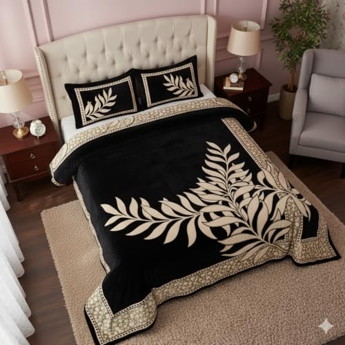 FRESH FROM LOOM Floral 500 TC Chenille Double Bedsheet Cum Bed Spread with 2 Pillow Cover-King Size; Black - Image 3