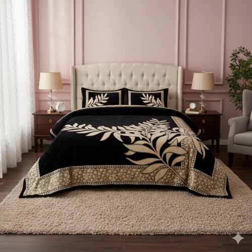 FRESH FROM LOOM Floral 500 TC Chenille Double Bedsheet Cum Bed Spread with 2 Pillow Cover-King Size; Black - Image 4