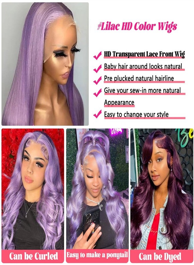 Smavida Lace Front Wigs Human Hair 150% Density 13x4 HD Lilac Lace Front Wigs with Baby Hair Wear and Go Straight Wigs Pre Plucked Bleached Knots (Deep Purple Wigs with Five Gifts) - Image 4