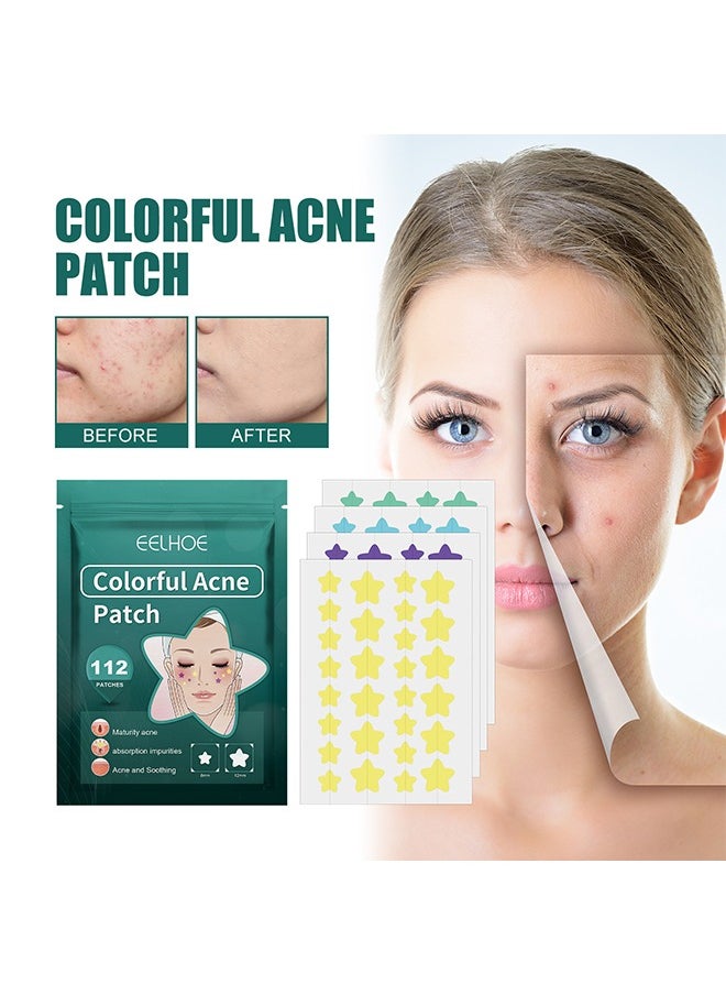 EELHOE Colorful Acne Patch, Star-Shaped Acne Patch Repair Acne Acne Fade Spots Acne Prints Cover Acne Acne Repair Patch, Star Pimples Repair Acne Blemish Blemish Mark Cover pimples Repair Patch 112 Patches  - Image 1