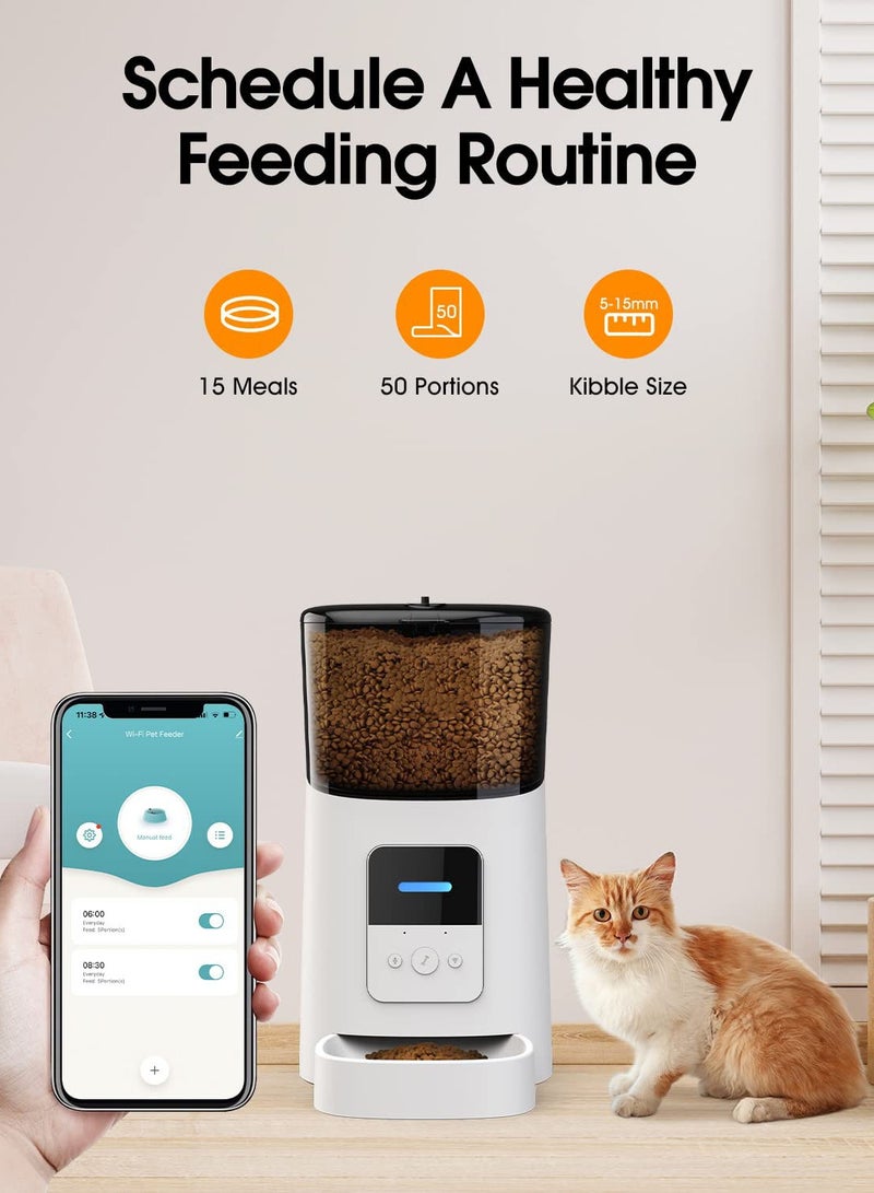 6L Automatic Cat Food Dispenser,WiFi Automatic Cat Feeder with APP Control for Remote Feeding,Automatic Dog Feeder with Low Food Sensor and Voice Recorder,Up to 15 Meals per Day (White) - Image 2
