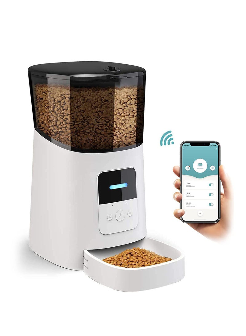 6L Automatic Cat Food Dispenser,WiFi Automatic Cat Feeder with APP Control for Remote Feeding,Automatic Dog Feeder with Low Food Sensor and Voice Recorder,Up to 15 Meals per Day (White) - Image 1