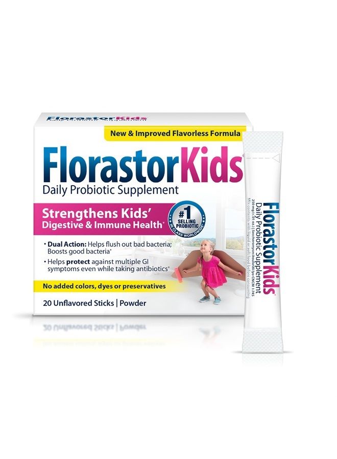 Florastor Kids Daily Probiotic Supplement, Unflavored Powder Mixes with Food or Beverage, Use with Antibiotics, Saccharomyces Boulardii CNCM I-745 (20 Powder Sticks) - Image 1