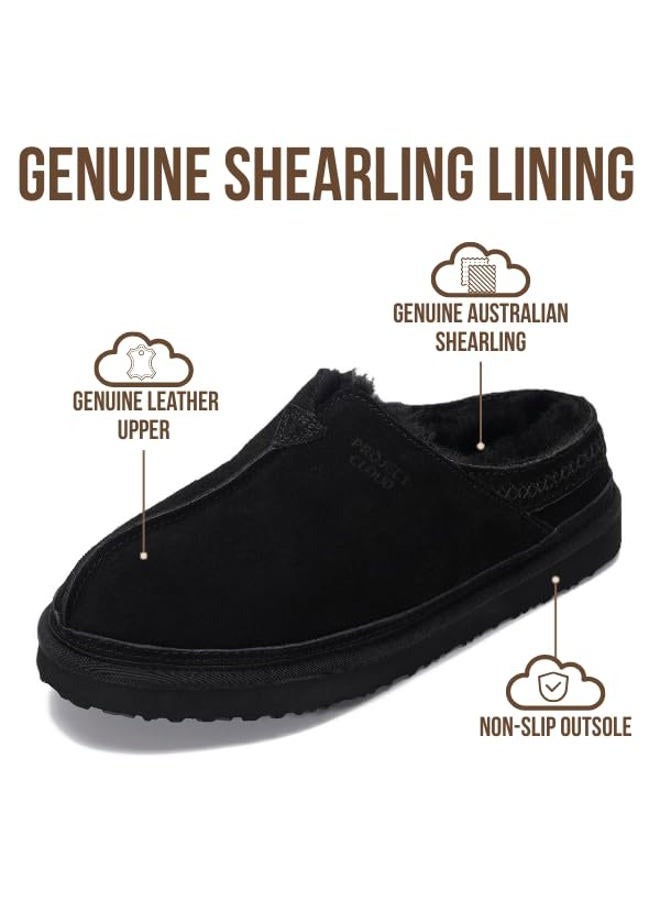Project Cloud Mens Slippers 100% Genuine Leather & Australian Shearling Lining Furry House Slippers for Men with Memory Foam Insole - Lightweight and Non-Slip Mens Shoes (Unwind), Black Suede, 9.5 - Image 2