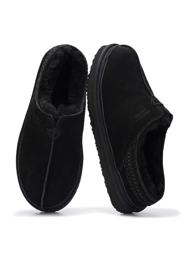Project Cloud Mens Slippers 100% Genuine Leather & Australian Shearling Lining Furry House Slippers for Men with Memory Foam Insole - Lightweight and Non-Slip Mens Shoes (Unwind), Black Suede, 9.5 - Image 1