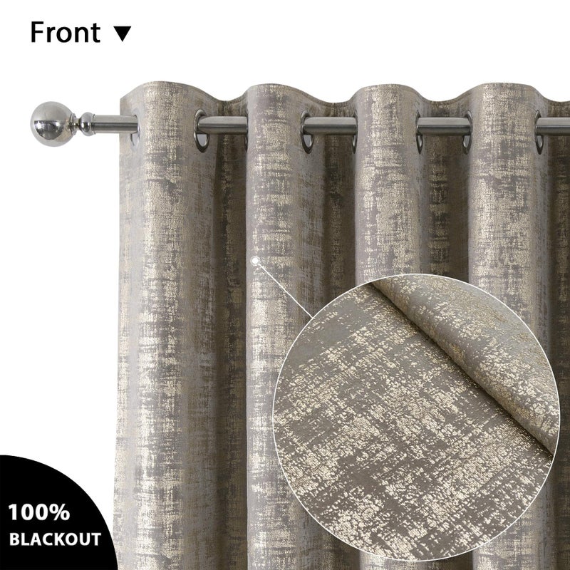 always4u 100% Blackout Soft Velvet Curtains for Bedroom Living Room Thermal Energy Saving 84 Inches Long Luxury Gold Foil Print Drapes 2 Panels Champagne - Image 2