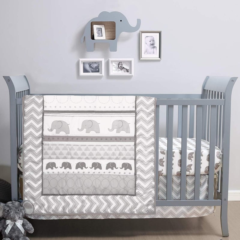 The Peanut Shell The Peanutshell 3 Piece Baby Crib Bedding Set for Boys  Girls  Newborn Infant  Toddler Nursery Bed Set Decor with Fitted Crib Sheet Dust Ruffle Comforter  Elephant Walk - Image 1