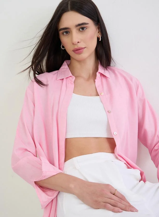 Styli Pink Linen Blend Relaxed Fit Shirt