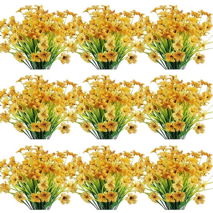 30 BUNDLES ARTIFICIAL FLOWERS OUTDOOR UV RESISTANT FAKE FLOWERS NO FADE FAUX PLASTIC PLANTS GARDEN PORCH WINDOW BOX DECORATING YELLOW