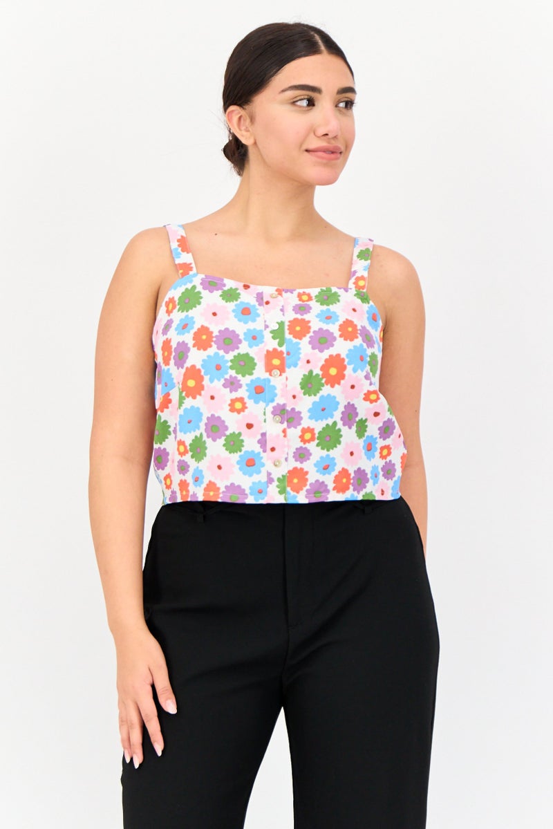 ONLY Women Square Neck Sleeveless Floral Print Tank Top, Multicolor  - Image 1