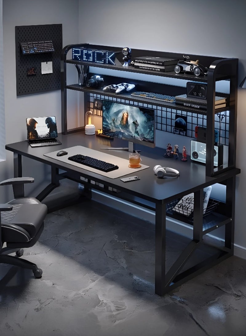 AIWANTO Modern Black Gaming Desk with Dual Storage Shelves – Sturdy 140cm Workstation for PC, Laptop & Home Office | Multifunctional Study Table for Gamers & Professionals - Image 1