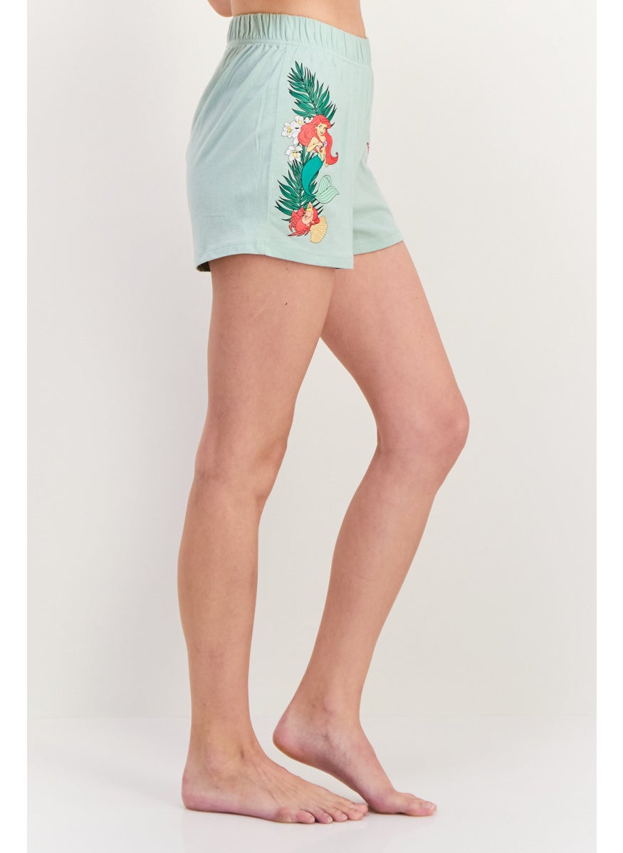 Disney x Undiz - Women Graphic Print Pull On Pajama Shorts, Slit Green - Image 1