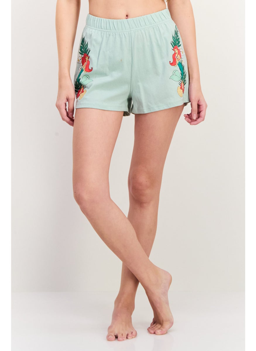 Disney x Undiz - Women Graphic Print Pull On Pajama Shorts, Slit Green - Image 1