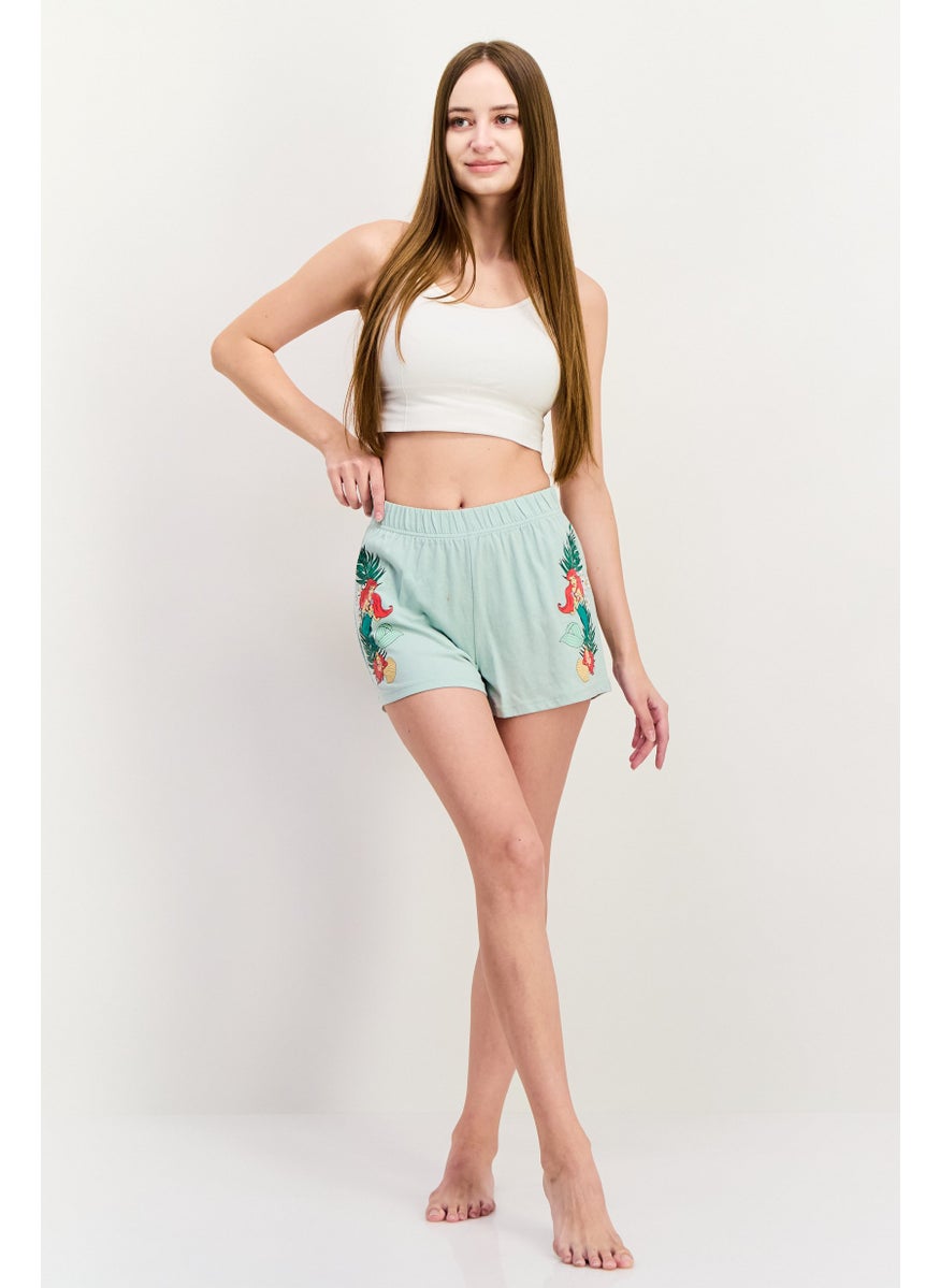Disney x Undiz - Women Graphic Print Pull On Pajama Shorts, Slit Green - Image 1