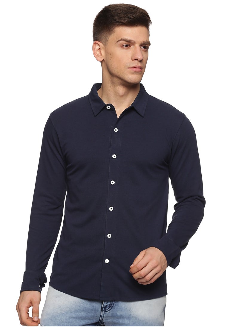 RSO Outfits RSO Outfits Men's Cotton Solid Knitted Full Sleeves Shirt (Navy Blue)  - Image 1