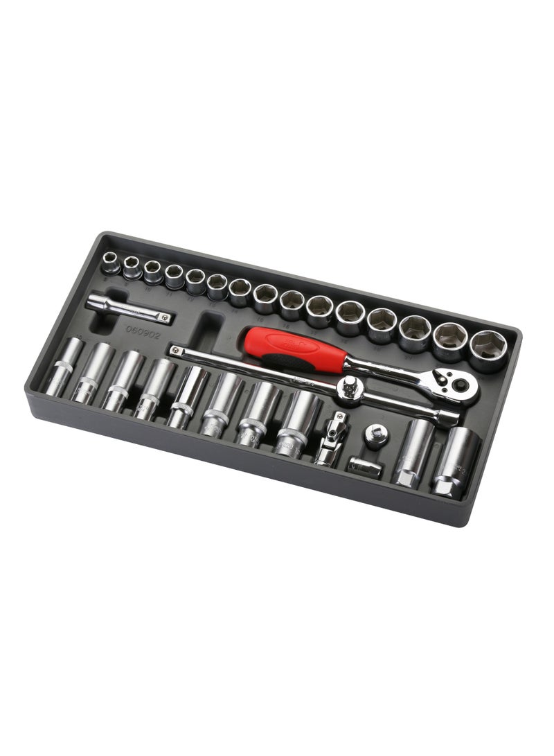 jetechtool Jetech 32-Piece 3/8-Inch Drive Metric Socket Set, Standard & Deep Sockets, Includes Ratchet, Extensions, Spark Plug Sockets, Universal Joint & Adapters- SK3/8-32C - Image 1