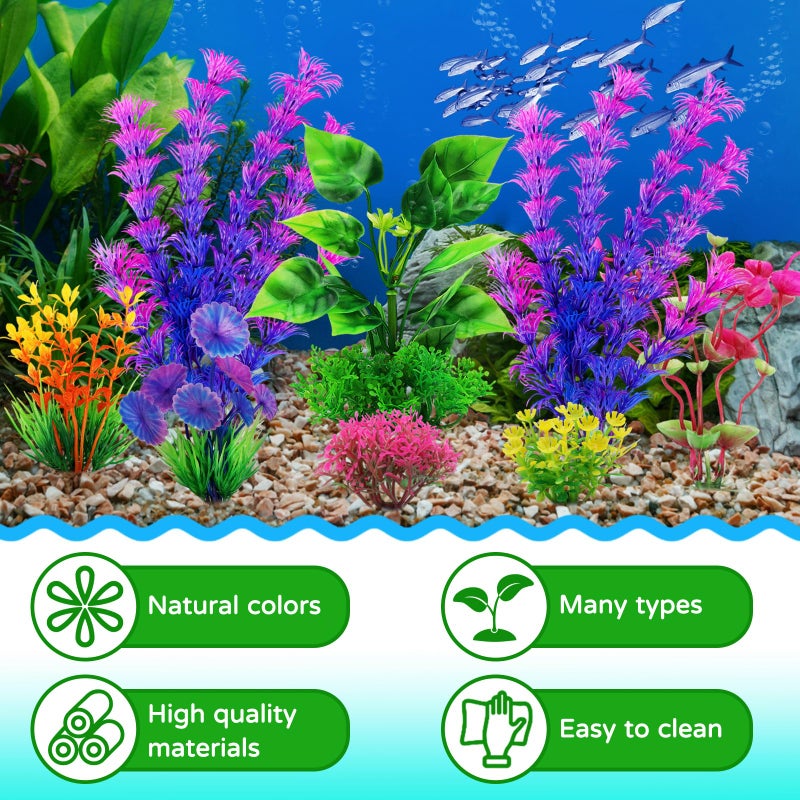 QUOZUO Fish Tank Accessories Aquarium Decorations Plants, 9pcs Colorful Fish Tank Artificial Plants and Cave Rock Decor Set, Aquarium Decor Plastic Plants - Image 2