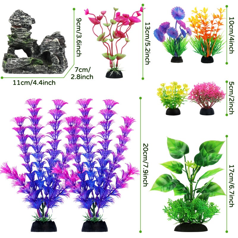 QUOZUO Fish Tank Accessories Aquarium Decorations Plants, 9pcs Colorful Fish Tank Artificial Plants and Cave Rock Decor Set, Aquarium Decor Plastic Plants - Image 3