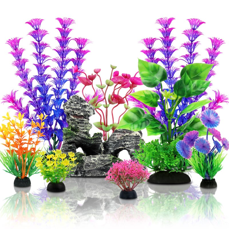 QUOZUO Fish Tank Accessories Aquarium Decorations Plants, 9pcs Colorful Fish Tank Artificial Plants and Cave Rock Decor Set, Aquarium Decor Plastic Plants - Image 1
