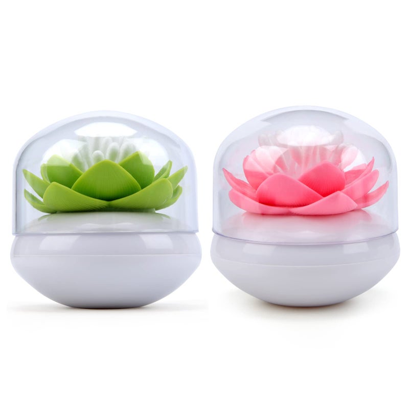 Bloss QTip Cotton Swab Holder Set Lotus Toothpick Organizer Bathroom Decor Vanity Canister 2 Pack Green Pink