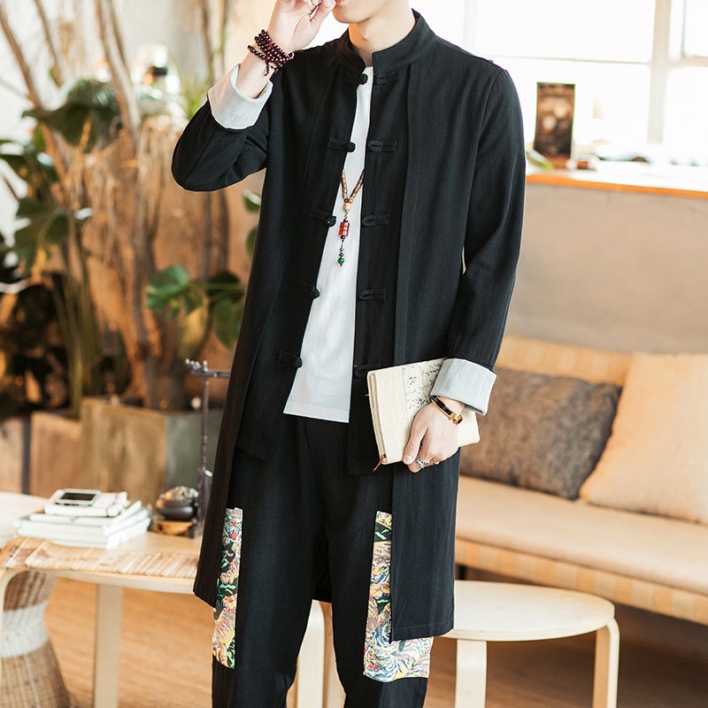 Chinese Style Large Size Autumn Chinese Cotton And Linen Mid-Length Windbreaker Men'S Fake Two-Piece Hanfu Jacket Casual Cardigan Men'S - Image 2